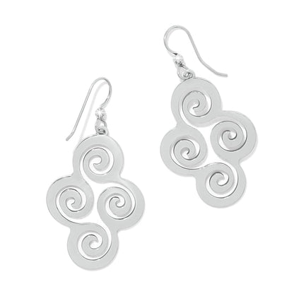 Brighton drop earrings with silver-plated swirl cutout design and French hook wires on a white background