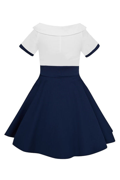Children Darlene Nautical Swing Dress White-Navy