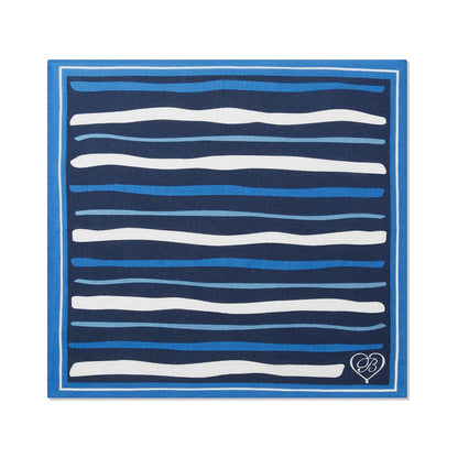 Brighton scarf with navy, blue, and white wavy horizontal stripes and blue border on a white background