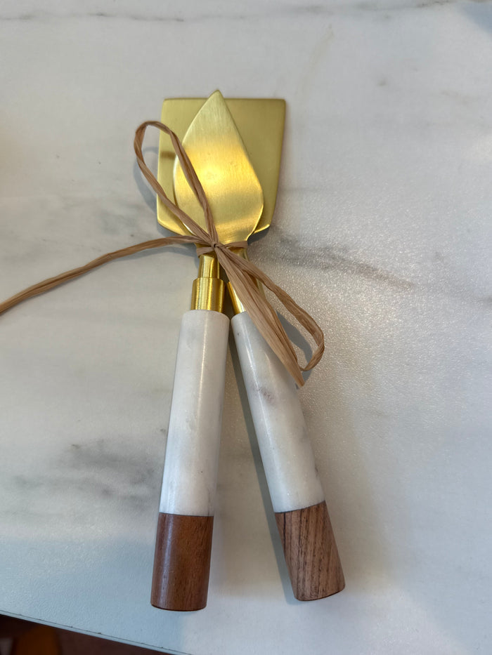 White Marble & Acacia Gold Cheese Set