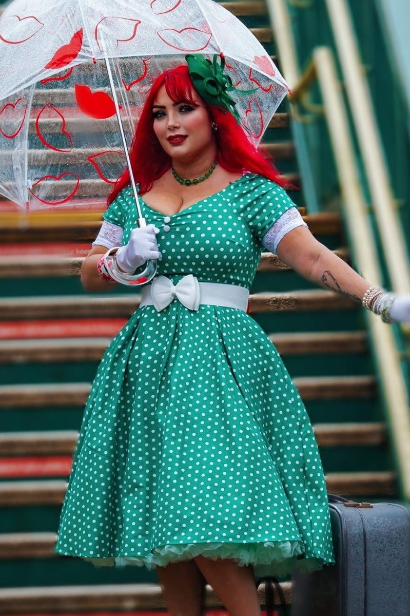 Lily Off Shoulder Green Polka Dot Swing Dress