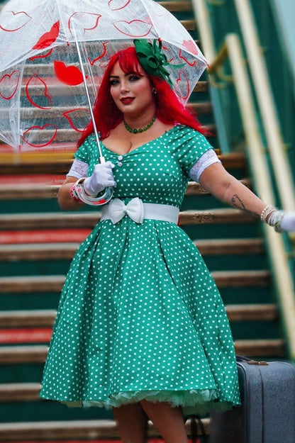 Lily Off Shoulder Green Polka Dot Swing Dress