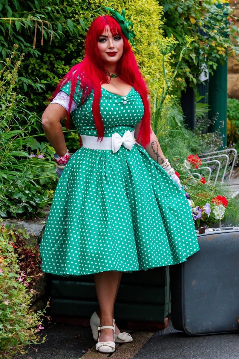 Lily Off Shoulder Green Polka Dot Swing Dress