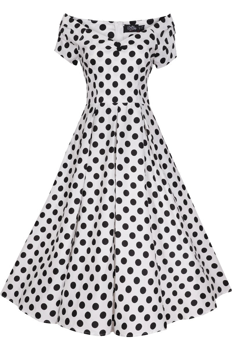Lily Retro Off Shoulder White Polka Dot Swing Dress