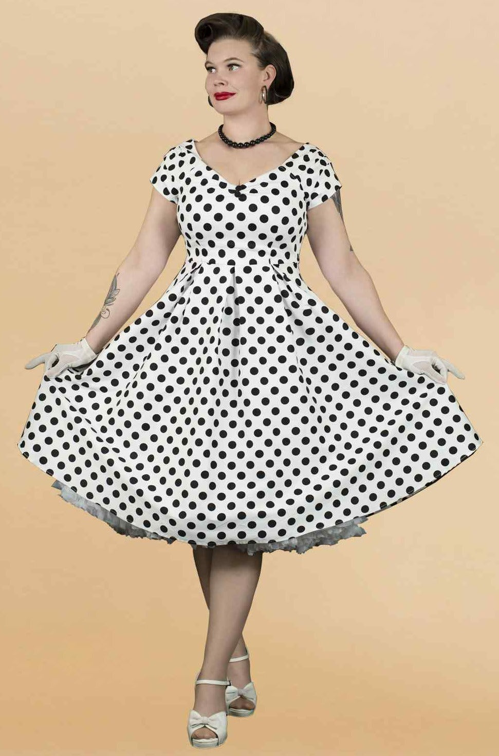 Lily Retro Off Shoulder White Polka Dot Swing Dress