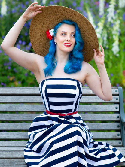 Lana Striped Strapless Swing Dress in Blue-White