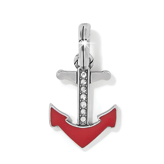 Brighton anchor charm with red enamel, silver-plated finish, and crystal-set center column on a white background
