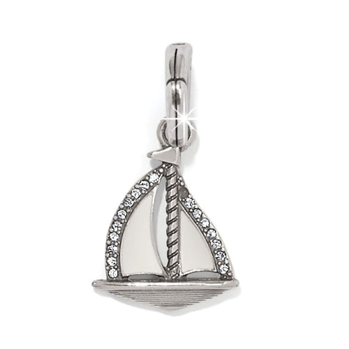 Brighton sailboat charm with silver-plated finish, white enamel sails, and crystal accents on a white background