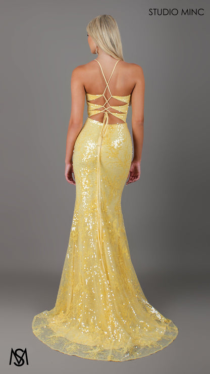 Peony - Yellow Formal Dress | Two tone floral sequin fitted mermaid lace up