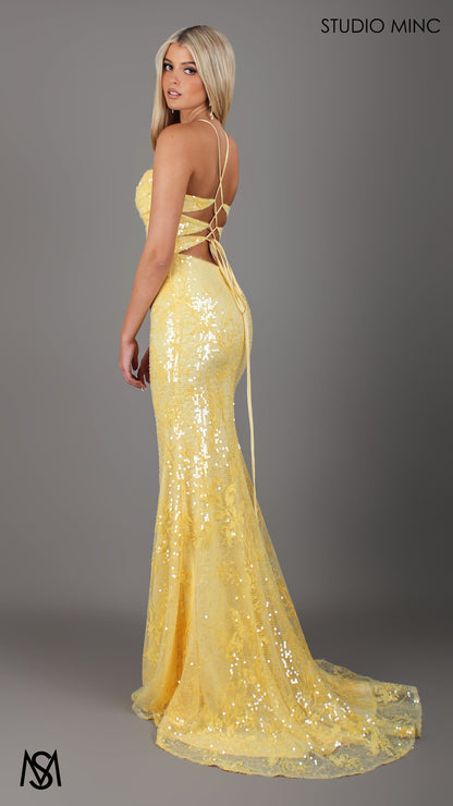 Peony - Yellow Formal Dress | Two tone floral sequin fitted mermaid lace up