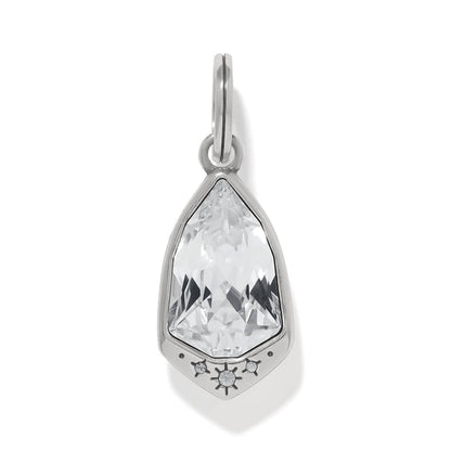Brighton charm pendant with large faceted crystal and silver-plated frame with small crystal star accents on a white background